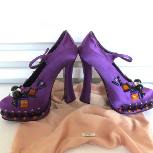 NIB PRADA SATIN MARY JANE PLATFORM PUMPS JEWELED HEEL - Picture 4 of 12